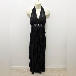 DJ Jaz Cascading Ruffle Halter Black Evening Gown Formal Dress Size 4